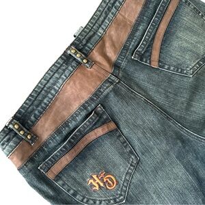 Vintage Harley Davidson Leather Trim Brass Studs Bootcut Jeans 16